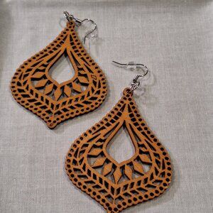 Wood Carved Teardrop style Earrings